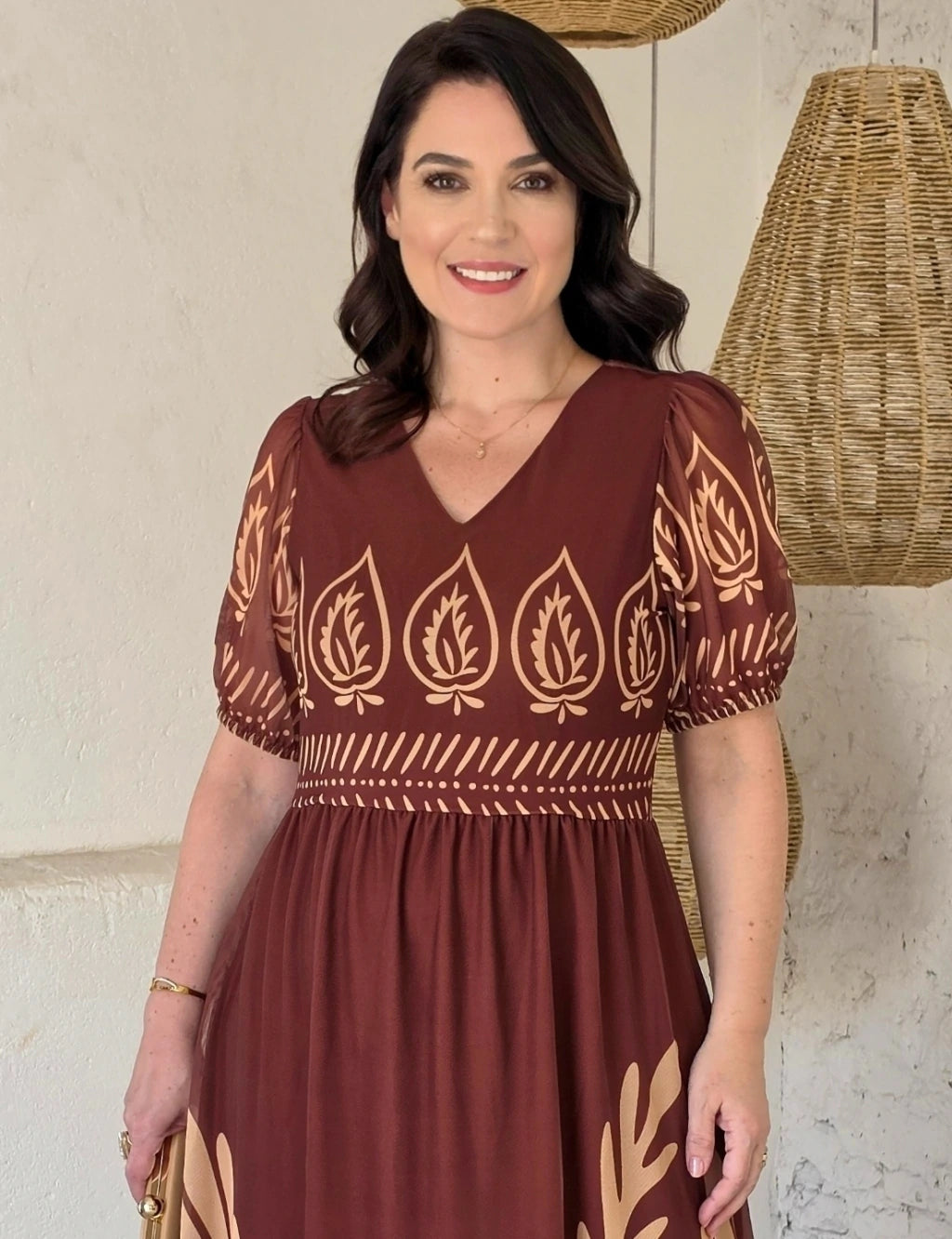 Vestido Longo Estampa Barrado Marrom