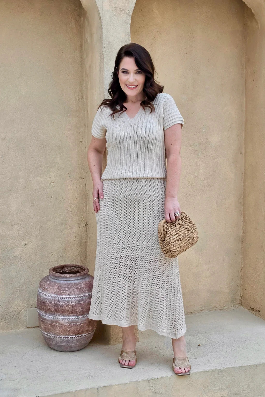Conjunto Blusa e Saia Midi em Linha Areia - Mel