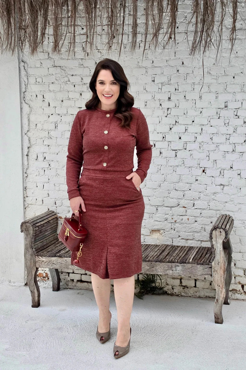 Vestido Midi Lanzinha Canelada Vinho - Raquel