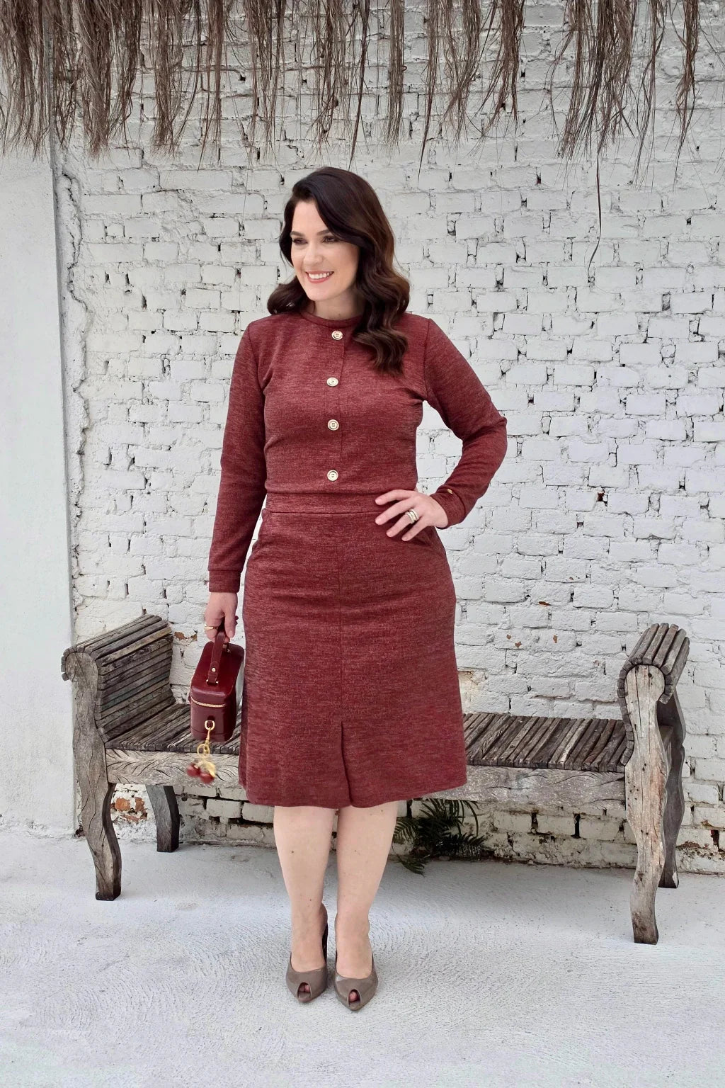 Vestido Midi Lanzinha Canelada Vinho - Raquel
