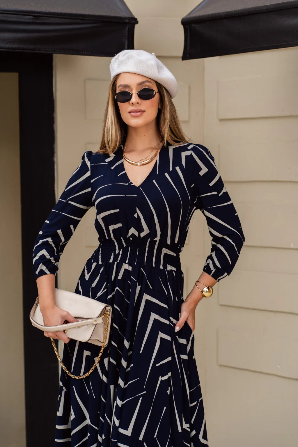 Vestido Longo Geométrico Marinho Luciana