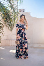 Vestido Longo Ciganinha Ombro a Ombro Marinho Romântico- Lídia